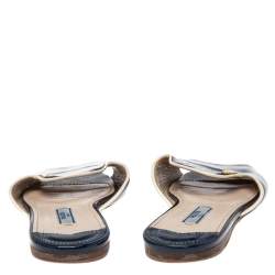 Pre Owned Prada Navy Blue Saffiano Patent Leather Slide Flat Sandals Size 36