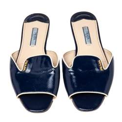 Pre Owned Prada Navy Blue Saffiano Patent Leather Slide Flat Sandals Size 36