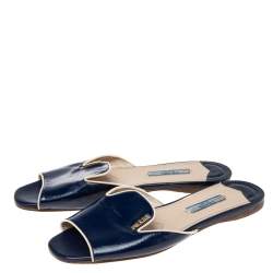 Pre Owned Prada Navy Blue Saffiano Patent Leather Slide Flat Sandals Size 36