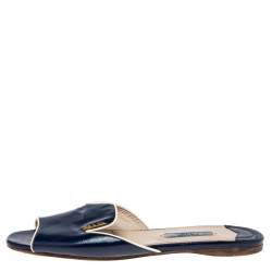 Pre Owned Prada Navy Blue Saffiano Patent Leather Slide Flat Sandals Size 36
