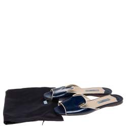 Pre Owned Prada Navy Blue Saffiano Patent Leather Slide Flat Sandals Size 36