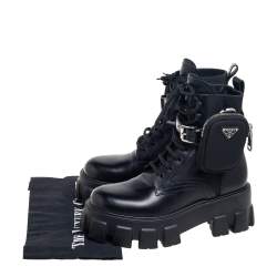 Pre Owned Prada  Black Leather Monolith Ankle Boots Size 37