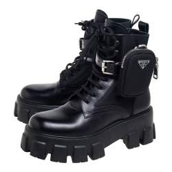 Pre Owned Prada  Black Leather Monolith Ankle Boots Size 37