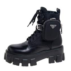 Pre Owned Prada  Black Leather Monolith Ankle Boots Size 37