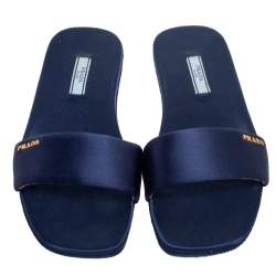 Pre Owned Prada Ink Blue Satin Flat Slides Size 37.5
