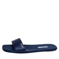 Pre Owned Prada Ink Blue Satin Flat Slides Size 37.5