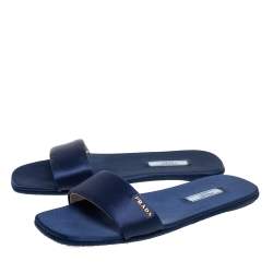 Pre Owned Prada Ink Blue Satin Flat Slides Size 37.5