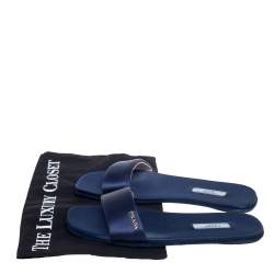 Pre Owned Prada Ink Blue Satin Flat Slides Size 37.5