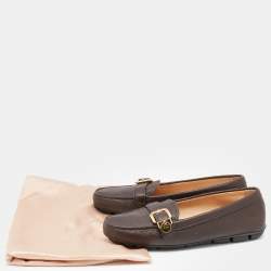 Pre Owned Prada Dark Brown Leather Buckle Slip On Loafers Size 37.5