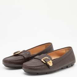 Pre Owned Prada Dark Brown Leather Buckle Slip On Loafers Size 37.5
