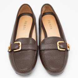 Pre Owned Prada Dark Brown Leather Buckle Slip On Loafers Size 37.5