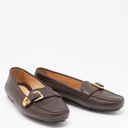 Pre Owned Prada Dark Brown Leather Buckle Slip On Loafers Size 37.5