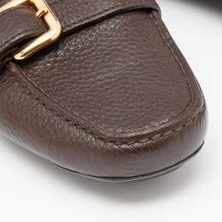 Pre Owned Prada Dark Brown Leather Buckle Slip On Loafers Size 37.5