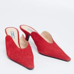Pre Owned Prada Red Suede Pointed Mule Sandals Size 38