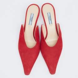 Pre Owned Prada Red Suede Pointed Mule Sandals Size 38