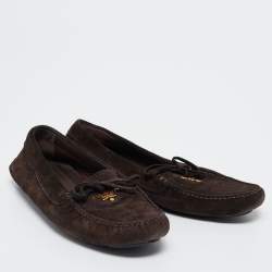 Pre Owned Prada Dark Brown Suede Bow Loafers Size 38