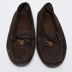 Pre Owned Prada Dark Brown Suede Bow Loafers Size 38