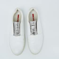 Pre Owned Prada White/Silver Leather Slip-On Sneakers Size 39