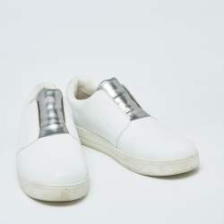 Pre Owned Prada White/Silver Leather Slip-On Sneakers Size 39