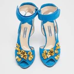 Pre Owned Prada Blue Suede Crystal-Embellished Ankle Cuff Sandals Size 37