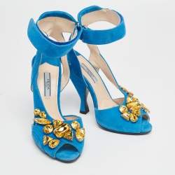 Pre Owned Prada Blue Suede Crystal-Embellished Ankle Cuff Sandals Size 37