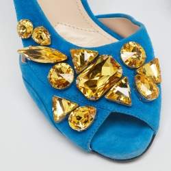 Pre Owned Prada Blue Suede Crystal-Embellished Ankle Cuff Sandals Size 37