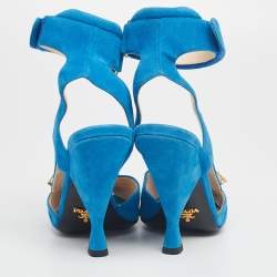 Pre Owned Prada Blue Suede Crystal-Embellished Ankle Cuff Sandals Size 37