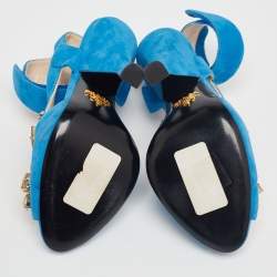 Pre Owned Prada Blue Suede Crystal-Embellished Ankle Cuff Sandals Size 37