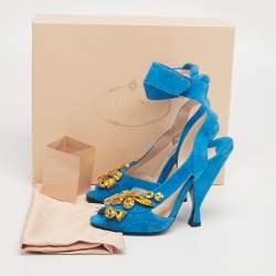 Pre Owned Prada Blue Suede Crystal-Embellished Ankle Cuff Sandals Size 37