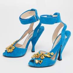Pre Owned Prada Blue Suede Crystal-Embellished Ankle Cuff Sandals Size 37