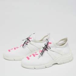 Pre Owned Prada White Knit Fabric Logo Embroidered Lace Up Sneakers Size 39