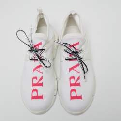 Pre Owned Prada White Knit Fabric Logo Embroidered Lace Up Sneakers Size 39