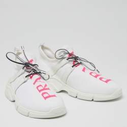 Pre Owned Prada White Knit Fabric Logo Embroidered Lace Up Sneakers Size 39