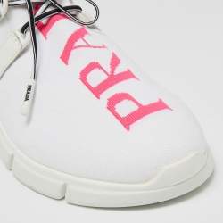 Pre Owned Prada White Knit Fabric Logo Embroidered Lace Up Sneakers Size 39
