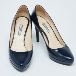 Pre Owned Prada Navy Blue Patent Leather Platform Pointed Toe Pumps Size 39.5