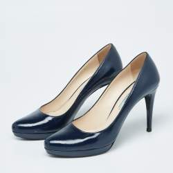 Pre Owned Prada Navy Blue Patent Leather Platform Pointed Toe Pumps Size 39.5
