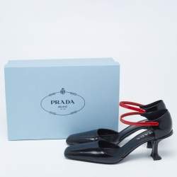 Pre Owned Prada Red/Black Patent and Leather Square-Toe Ankle-Strap Pumps Size 39.5