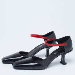 Pre Owned Prada Red/Black Patent and Leather Square-Toe Ankle-Strap Pumps Size 39.5