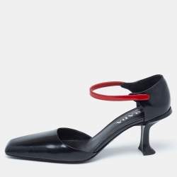 Pre Owned Prada Red/Black Patent and Leather Square-Toe Ankle-Strap Pumps Size 39.5