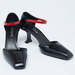 Pre Owned Prada Red/Black Patent and Leather Square-Toe Ankle-Strap Pumps Size 39.5