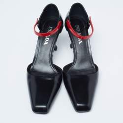 Pre Owned Prada Red/Black Patent and Leather Square-Toe Ankle-Strap Pumps Size 39.5