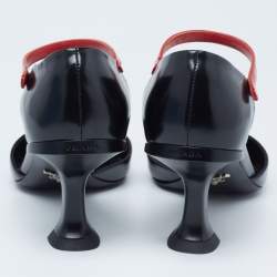 Pre Owned Prada Red/Black Patent and Leather Square-Toe Ankle-Strap Pumps Size 39.5