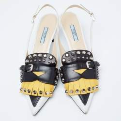 Pre Owned Prada Tri-Color Leather Studded Fringe Slingback Pumps Size 40