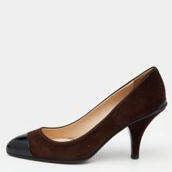 Pre Owned Prada Brown/Black Suede and Patent Leather Cap Toe Pumps Size 38