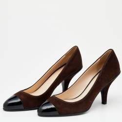 Pre Owned Prada Brown/Black Suede and Patent Leather Cap Toe Pumps Size 38