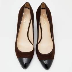 Pre Owned Prada Brown/Black Suede and Patent Leather Cap Toe Pumps Size 38