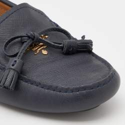 Pre Owned Prada Blue Leather Bow Slip On Loafers Size 38