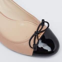 Pre Owned Prada Beige/Black Patent And Leather Toe Cap Block Heel Pumps Size 38