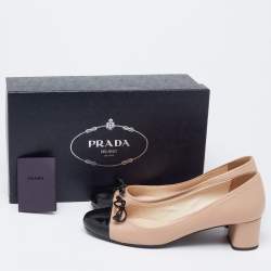 Pre Owned Prada Beige/Black Patent And Leather Toe Cap Block Heel Pumps Size 38