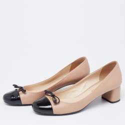 Pre Owned Prada Beige/Black Patent And Leather Toe Cap Block Heel Pumps Size 38